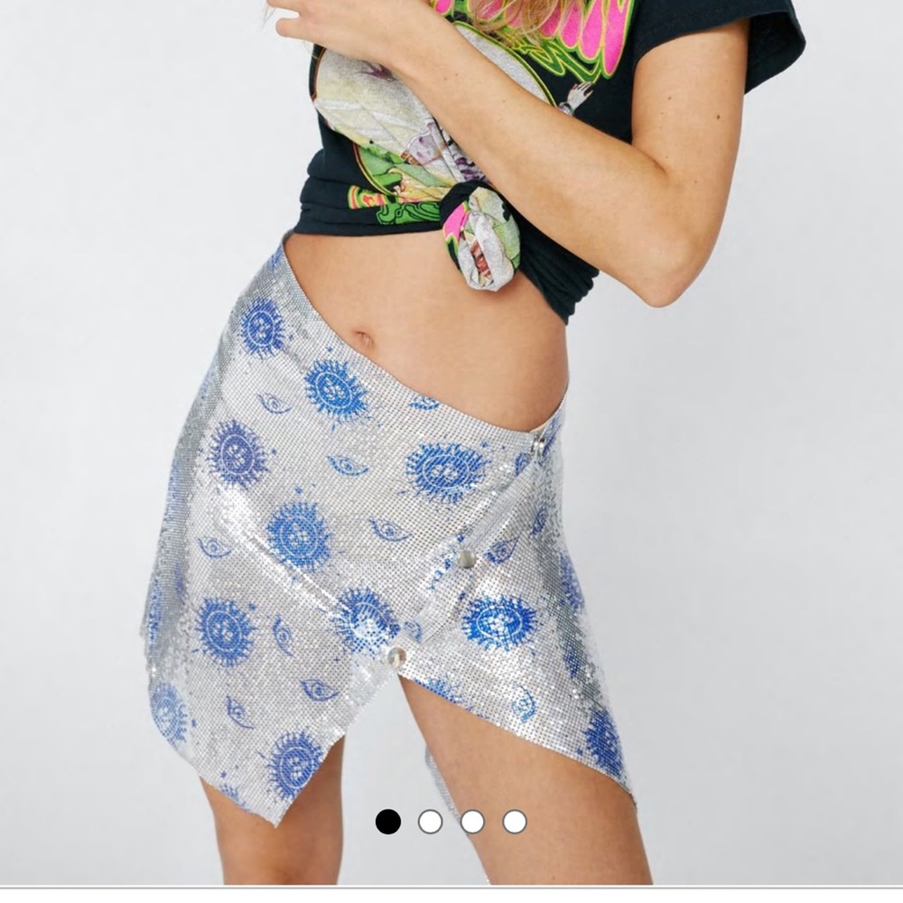 Nasty Gal Silver Celestial Print Chainmail Button Down Skirt